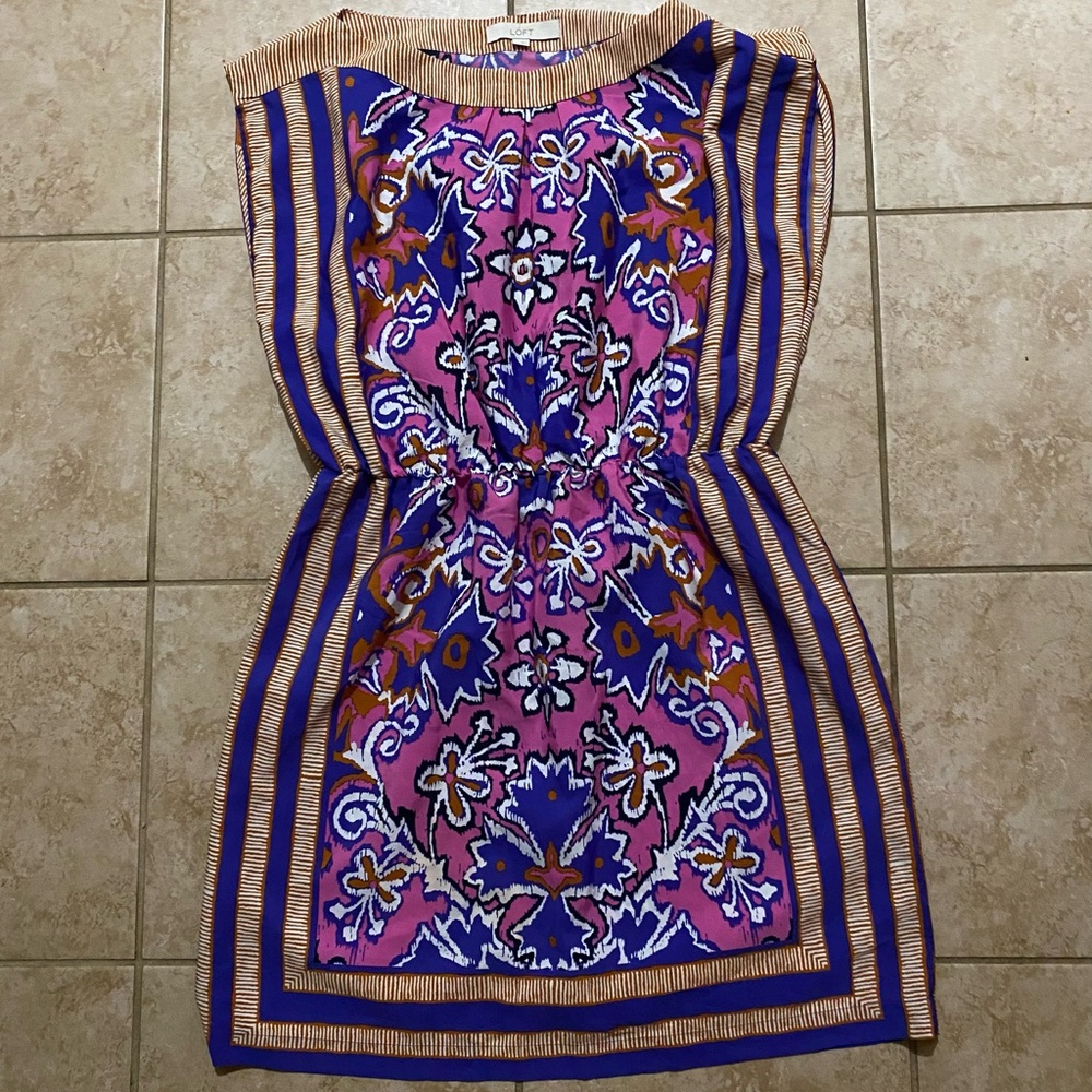 Loft Boat Neck Scarf Style Floral Pink Purple Sleeveless Dress